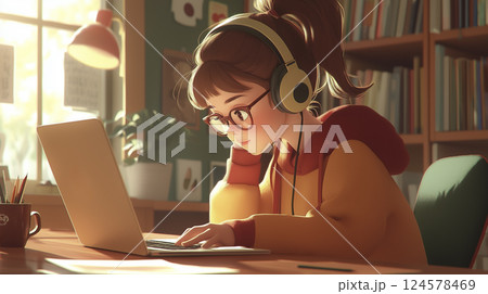 ヘッドホンで英語学習に集中する女性のイラスト「AI生成画像」 124578469