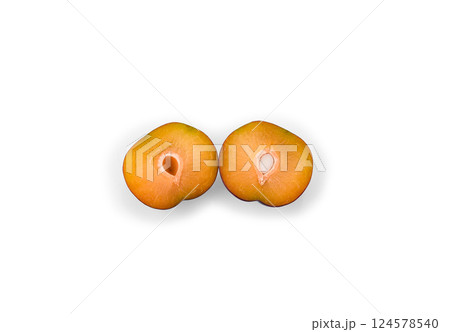 Isolated plums. Half of plum fruit isolated on white background, with clipping path 124578540
