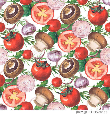 Watercolor seamless pattern with vegetables. Hand-drawn isolated clip art on a white background. Bright and juicy pictures of realistic vegetables for menus, signs, packaging, textiles, printed 124578547