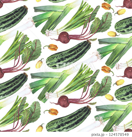 Watercolor seamless pattern with vegetables. Hand-drawn isolated clip art on a white background. Bright and juicy pictures of realistic vegetables for menus, signs, packaging, textiles, printed Watercolor seamless pattern with vegetables. Hand-drawn isolated clip art on a white background. Bright and juicy pictures of realistic vegetables for menus, signs, packaging, textiles, printed 124578549