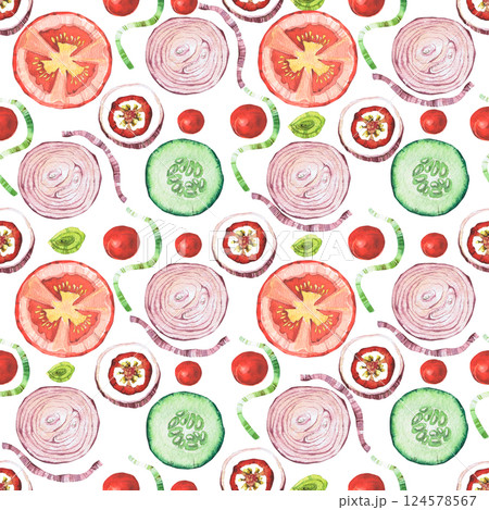 Watercolor seamless pattern with vegetables. Hand-drawn isolated clip art on a white background. Bright and juicy pictures of realistic vegetables for menus, signs, packaging, textiles, printed 124578567