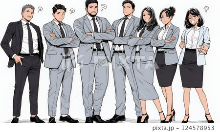 数人のビジネスパーソンが腕組みをして疑問を抱いた顔をしている