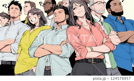 数人のビジネスパーソンが腕組みをして疑問を抱いた顔をしている