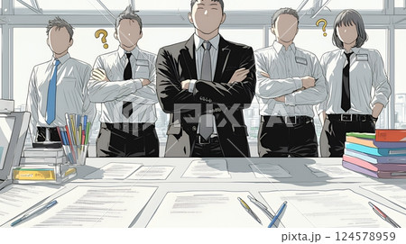 数人のビジネスパーソンが腕組みをして疑問を抱いた顔をしている