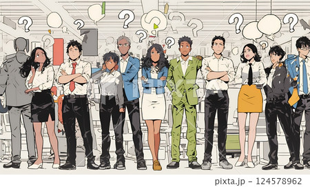 数人のビジネスパーソンが腕組みをして疑問を抱いた顔をしている