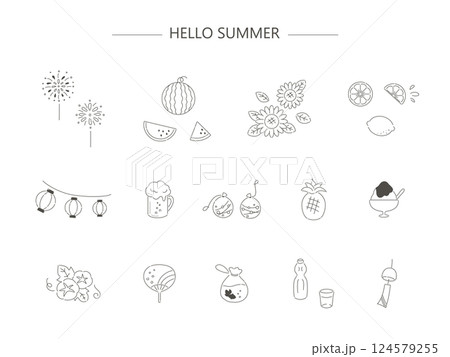 夏のシンプルな線画イラスト素材セット 124579255