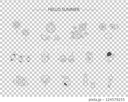 Summer simple line drawing illustration material set Summer simple line drawing illustration material set 124579255