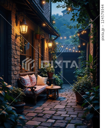 Tranquil evening patio retreat with string lights and rustic charm for relaxation and comfort 124579344
