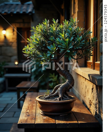 Tranquil evening patio with illuminated bonsai tree for zen-themed decor and meditation spaces 124579345