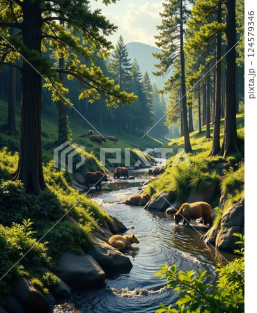 Tranquil forest stream with wildlife in lush summer landscape for nature inspired designs 124579346