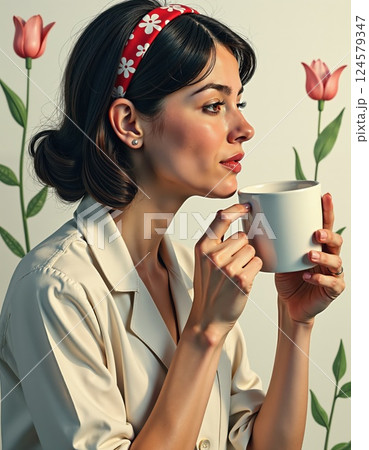 Tranquil morning reflection with coffee and tulips in vintage style portrait 124579347