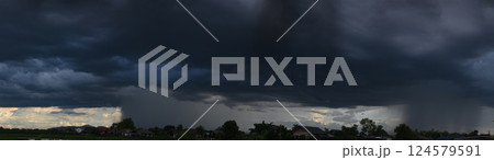 Banner Dramatic dark storm clouds black sky background. Dark thunderstorm clouds rainny season. Panorama Meteorology danger windstorm disasters climate. Dark cloudscape storm cloud with copy space. 124579591