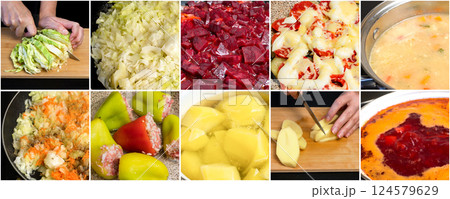 A collage of food preparation. 124579629