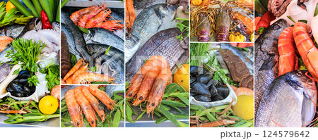 Seafood collage with fresh salmon, lobsters, langoustines, shrimp, and fish on ice 124579642