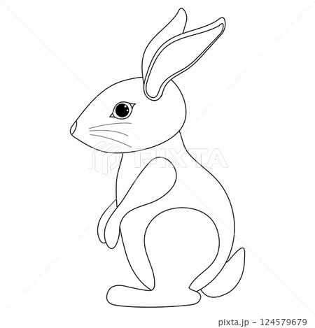 Outline drawing of a cute rabbit sitting upright. Easter Bunny is standing. Perfect for coloring page, Easter themes, and kids illustrations. 124579679