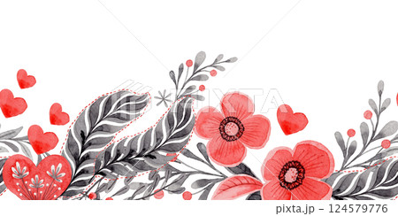 Bottom seamless border with flower and heart in folk style. Stylized illustration in red and gray color for wedding invitation. Hand drawn composition is perfect for romantic and love card design. Bottom seamless border with flower and heart in folk style. Stylized illustration in red and gray color for wedding invitation. Hand drawn composition is perfect for romantic and love card design. 124579776