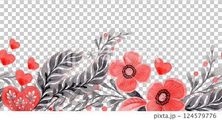 Bottom seamless border with flower and heart in folk style. Stylized illustration in red and gray color for wedding invitation. Hand drawn composition is perfect for romantic and love card design. Bottom seamless border with flower and heart in folk style. Stylized illustration in red and gray color for wedding invitation. Hand drawn composition is perfect for romantic and love card design. 124579776