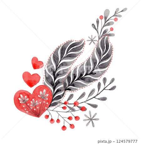 Feather and heart composition in folk style. Stylized illustration in red and gray colors for wedding invitation creating. Hand drawn arrangement is perfect for romantic and love designs. 124579777