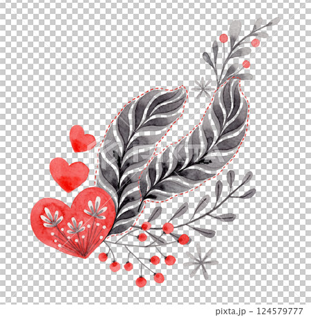 Feather and heart composition in folk style. Stylized illustration in red and gray colors for wedding invitation creating. Hand drawn arrangement is perfect for romantic and love designs. 124579777