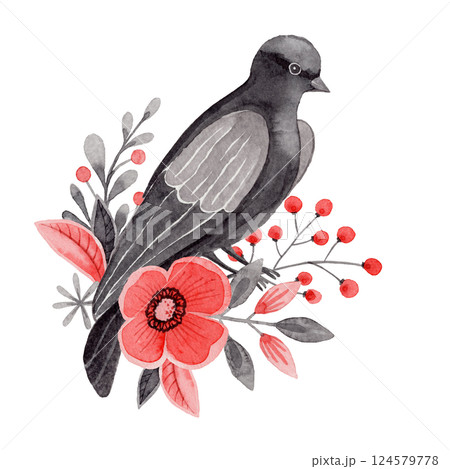 Dove with flower and twig arrangement in folk style. Stylized illustration in red and gray colors for wedding invitation creating. Hand drawn composition is perfect for romantic and love designs. 124579778