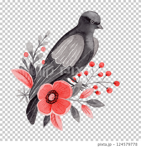 Dove with flower and twig arrangement in folk style. Stylized illustration in red and gray colors for wedding invitation creating. Hand drawn composition is perfect for romantic and love designs. 124579778