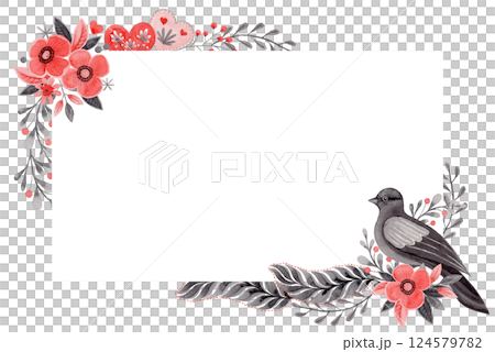 Rectangular frame with flower and copy space in folk style. Stylized illustration in red and gray colors for wedding invitation. Hand drawn composition is perfect for romantic and love designs. 124579782