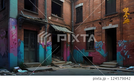 ゲーム背景　現代の荒れ果てたスラム街裏通りの壊れた家屋が並ぶ風景 124579842
