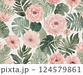 Watercolor Pink Flowers and Tropical Leaves Seamless Pattern 124579861