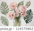 Pink Peony Bouquet with Monstera Leaves in Glass Vase 124579862