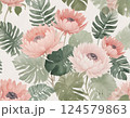 Watercolor Pink Floral and Tropical Leaves Seamless Pattern 124579863