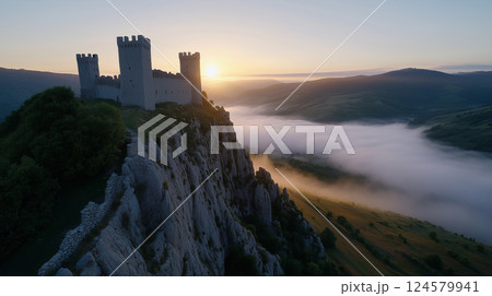Ancient Castle on a Misty Cliff at Dawn 124579941