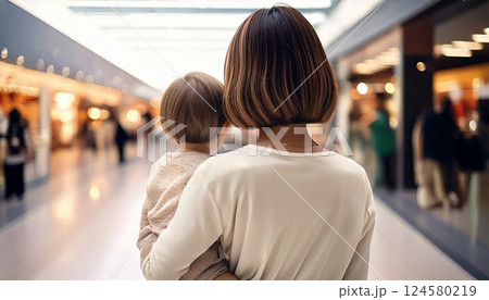 スーパーマーケットで子供を抱いた女性の後ろ姿 スーパーマーケットで子供を抱いた女性の後ろ姿 124580219