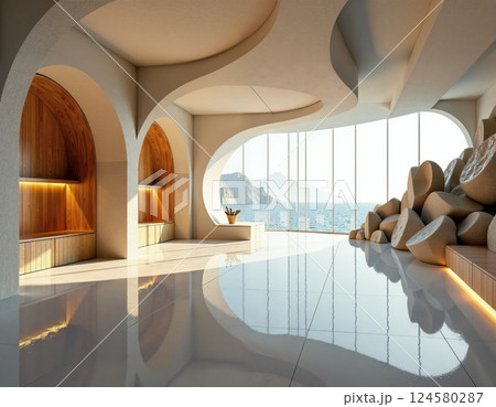 Modern coastal retreat: curved architectural design with ocean view for interior inspiration 124580287