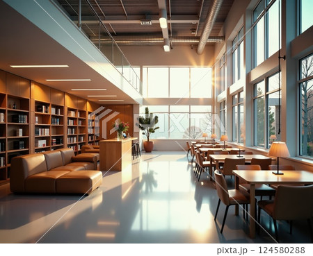 Modern cozy library lounge with sunlit ambience for relaxed reading and study 124580288