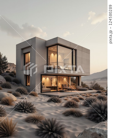 Modern desert oasis retreat at sunset with minimalist architecture and glass facades 124580289