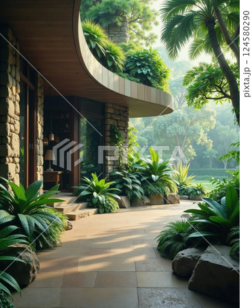 Modern eco-friendly architecture with lush tropical garden and natural stone accents 124580290