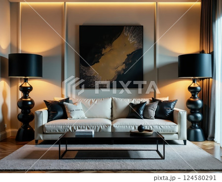Modern elegance in living room design with ambient lighting and abstract art 124580291