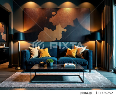 Modern elegance in living room design with dark aesthetic and warm accents for cozy atmosphere 124580292