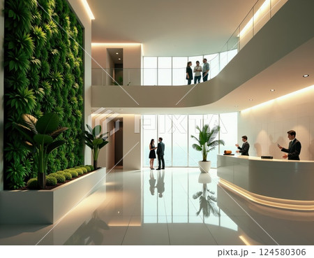 Modern lobby with vertical garden and sleek design for contemporary workspaces 124580306