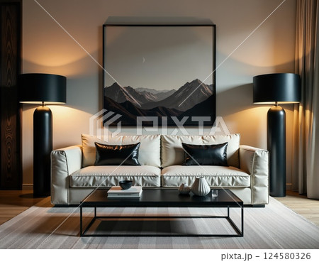 Modern minimalist living room with elegant sofa and mountain art for cozy interior design 124580326