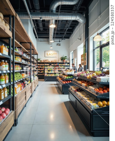 Modern organic grocery store interior featuring fresh produce and stylish design for retail inspiration 124580337