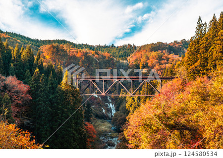 Fukushima, JAPAN - Nov 10, 2024: Tadami line railroad bridge across Tadami river near Takuya station in Fukushima 124580534