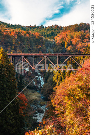 Fukushima, JAPAN - Nov 10, 2024: Tadami line railroad bridge across Tadami river near Takuya station in Fukushima 124580535