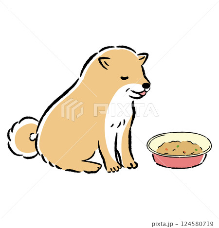 やわらかいフードを食べるシニア犬の手描きイラスト 124580719