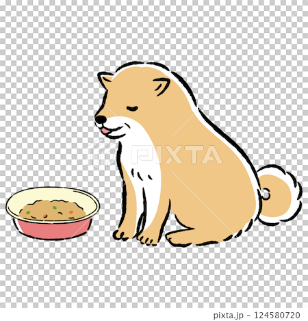 やわらかいフードを食べるシニア犬の手描きイラスト 124580720