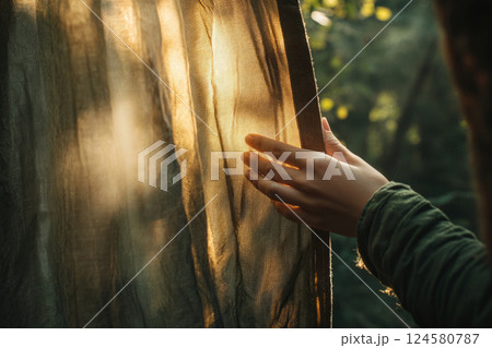 Female hand parts curtain to reveal sunlight and forest outside Female hand parts curtain to reveal sunlight and forest outside 124580787