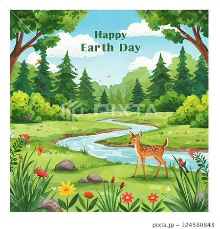 Earth Day Illustration with Deer in a Forest Landscape. Wildlife Conservation Day Wild animals to the home. Or wildlife protection 124580843