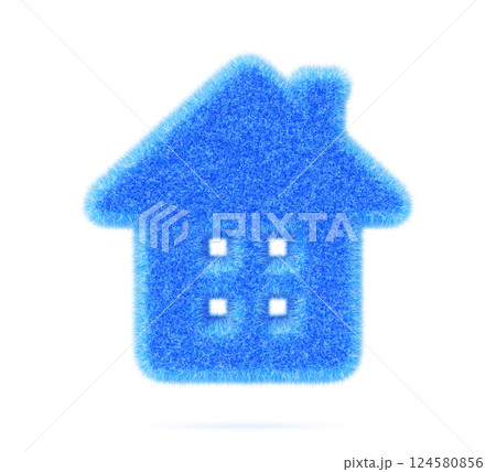 3d blue fur fluffy home icon render. Furry house symbol with hairy texture. Real estate sale, rent, mortgage, construction, purchase property, rental residential building, insurance. 3D illustration 124580856