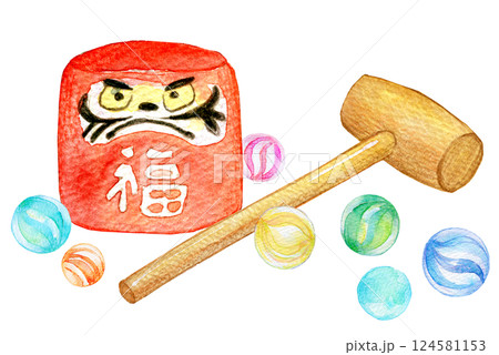 水彩イラスト ビー玉と伝統玩具 達磨落とし 水彩イラスト ビー玉と伝統玩具 達磨落とし 124581153
