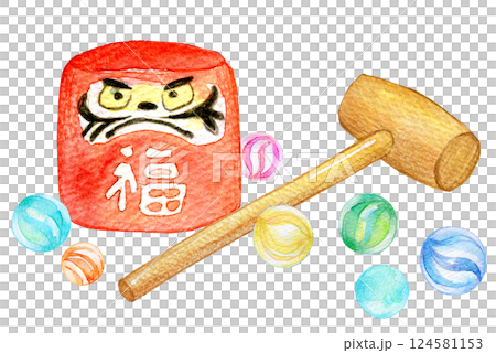 水彩イラスト ビー玉と伝統玩具 達磨落とし 水彩イラスト ビー玉と伝統玩具 達磨落とし 124581153